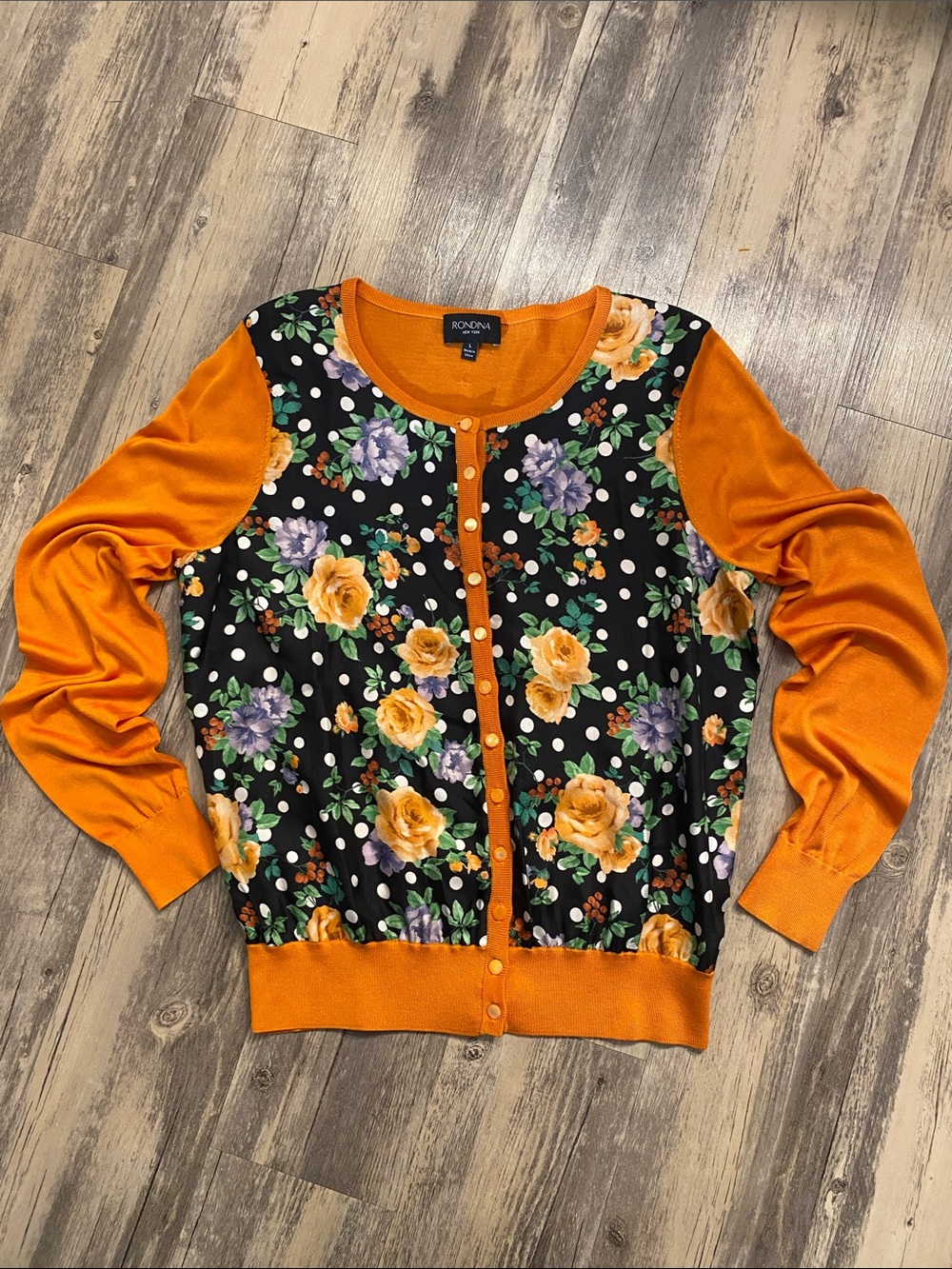Rondina Silk Fine Gauge Lightweight Marigold Floral Cardigan Orange Size LARGE